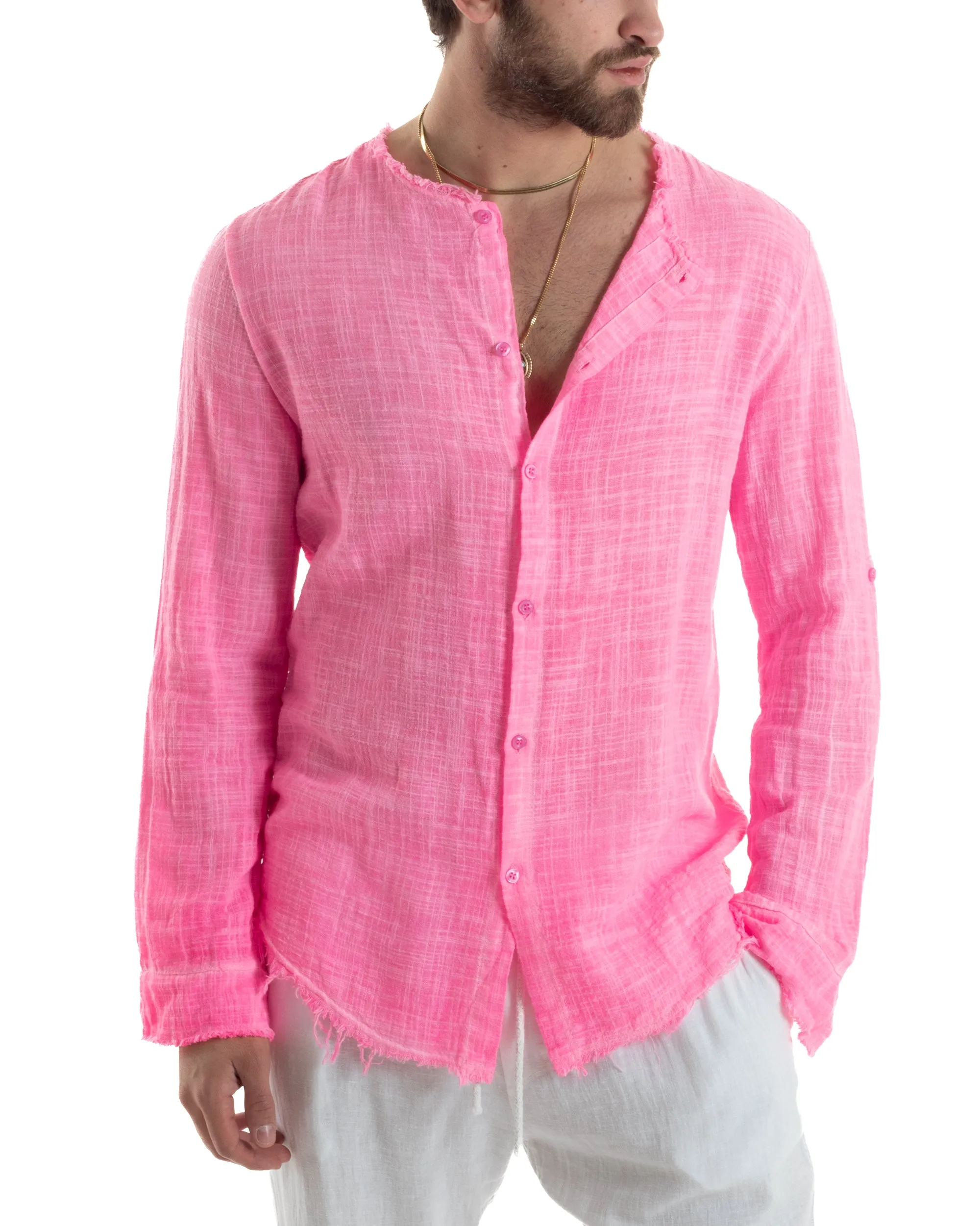 Camicia Uomo Sfrangiata Cotone Lino Manica Lunga Tinta Unita Fuxia Fluo GIOSAL-C2838A