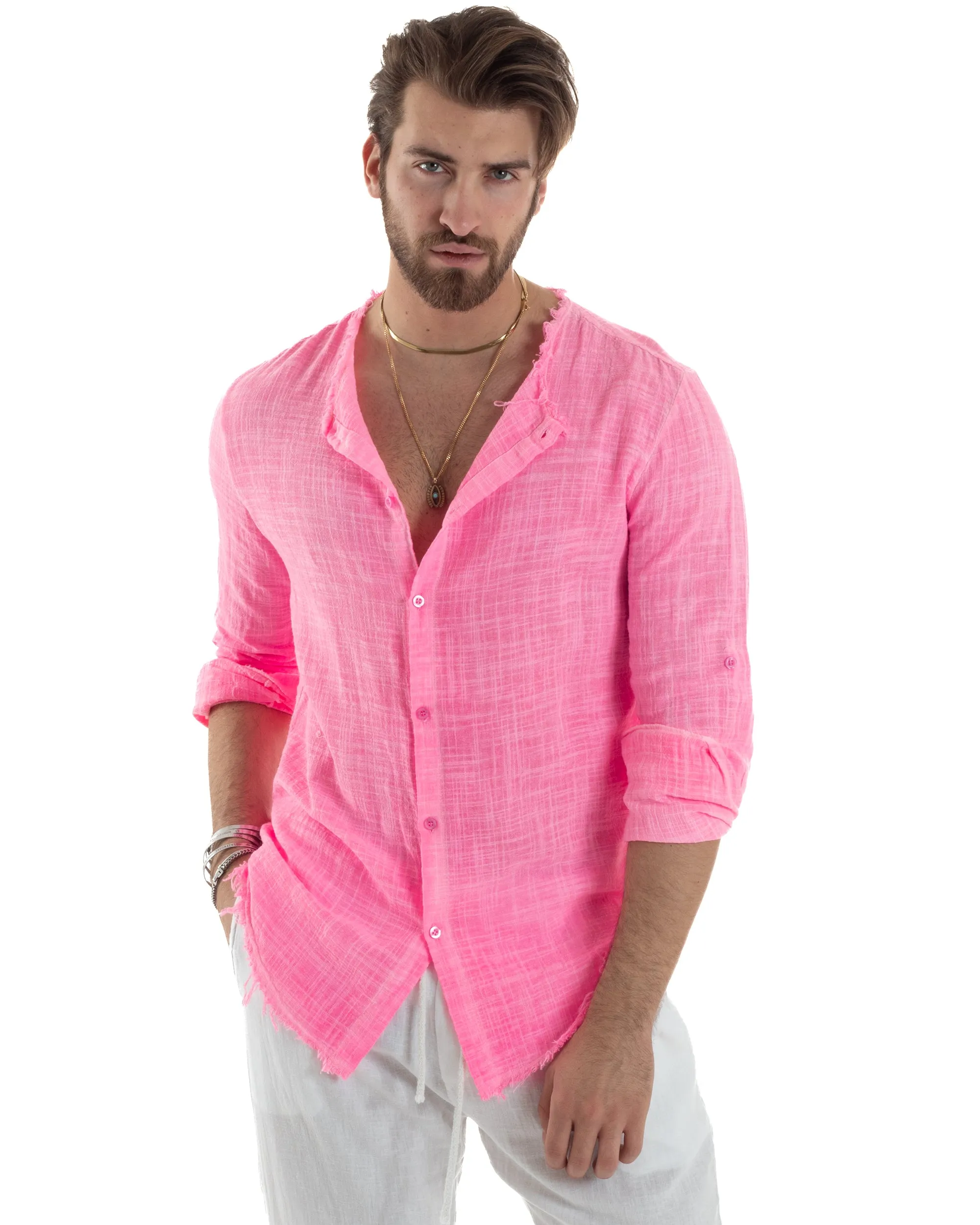 Camicia Uomo Sfrangiata Cotone Lino Manica Lunga Tinta Unita Fuxia Fluo GIOSAL-C2838A