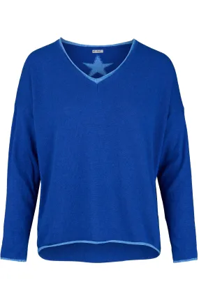 Cashmere Mix Sweater in Royal Blue with Light Blue V-Neck & Star