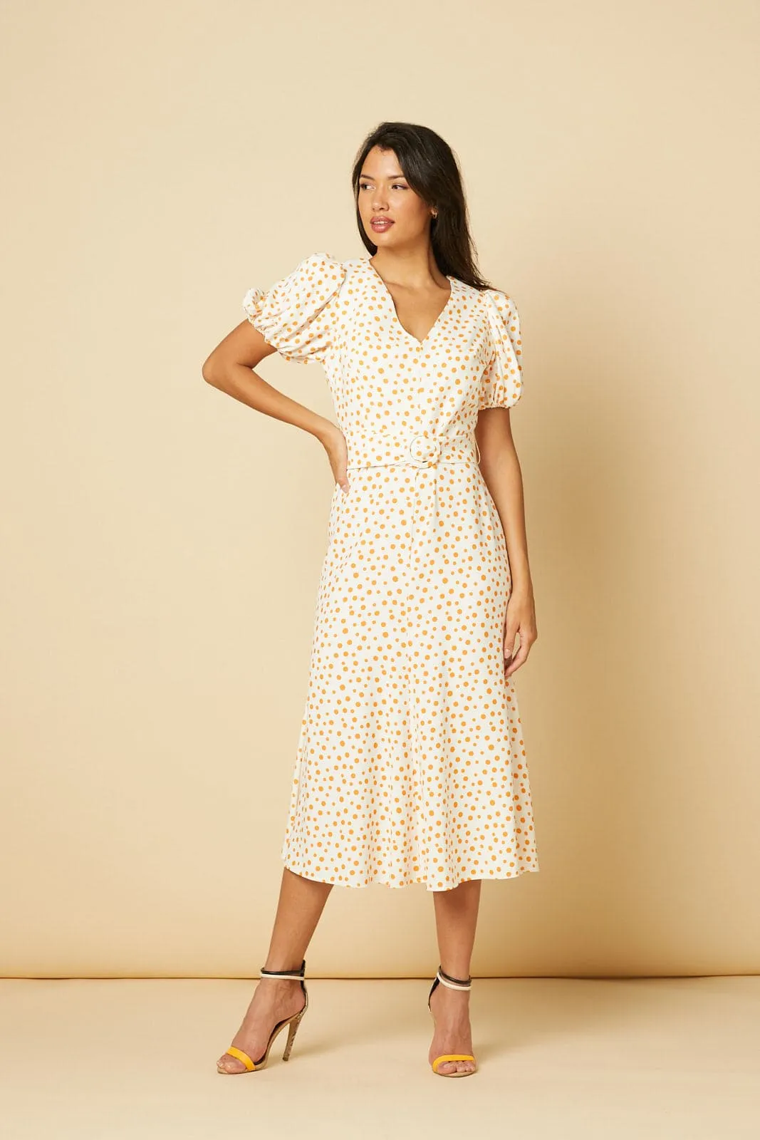 Catherine White Dress in Orange Polka Dot Midi Tea Dress