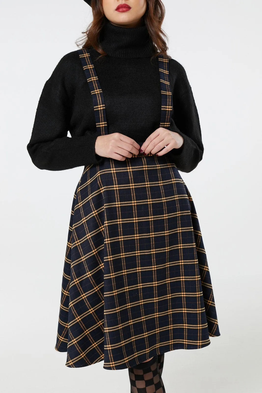 Checker Pinafore Navy and Yellow Check Midi Swing Skirt