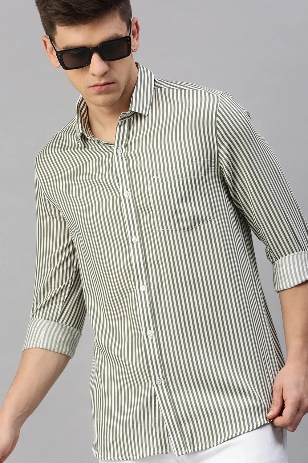 Classic Polo Men's Cotton Full Sleeve Striped Slim Fit Polo Neck Grey Color Woven Shirt | So1-105 A