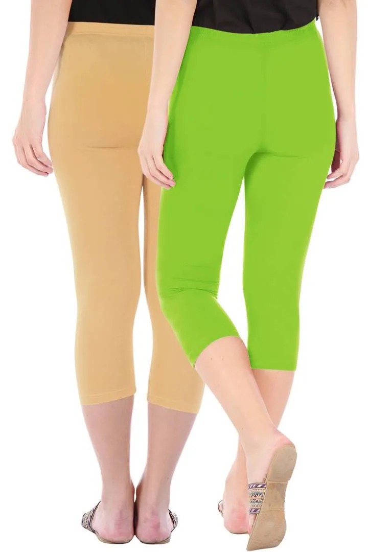 Combo Pack Of 2 Skinny Fit 3/4 Capris Leggings For Women Dark Skin Merin Green