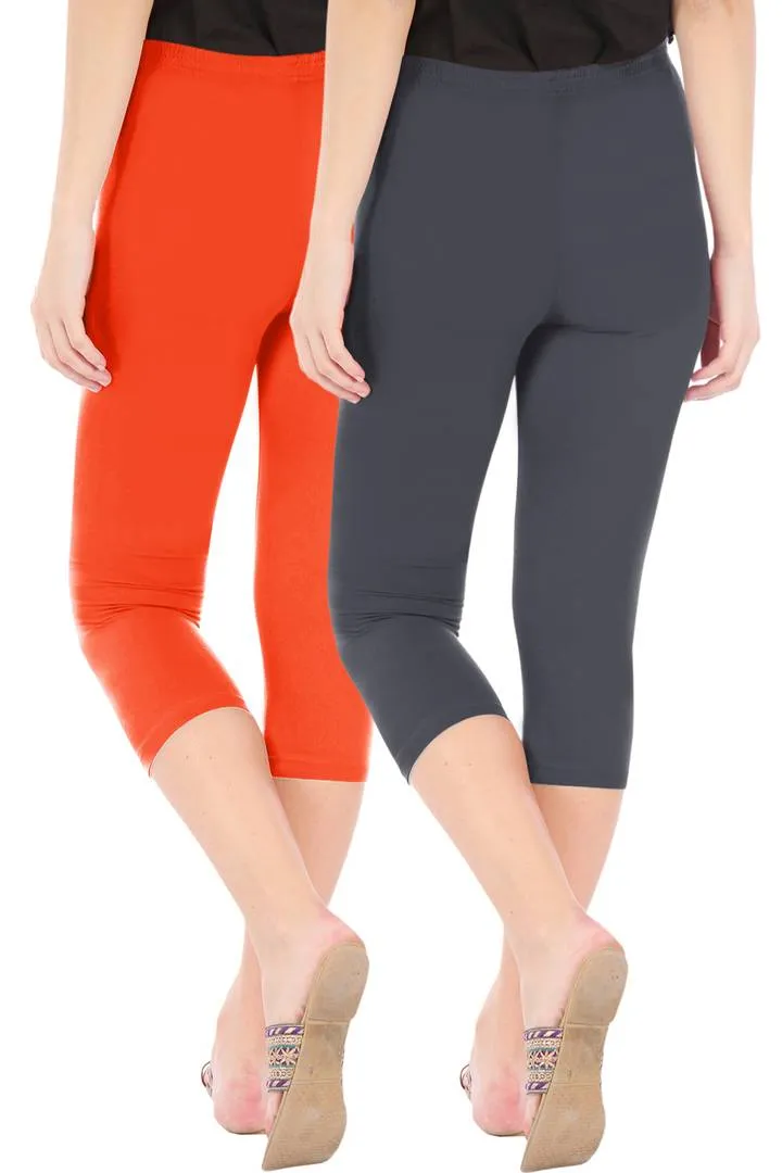 Combo Pack of 2 Skinny Fit 3/4 Capris Leggings for Women Flame Orange Grey