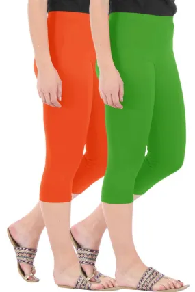 Combo Pack of 2 Skinny Fit 3/4 Capris Leggings for Women Flame Orange Parrot Green