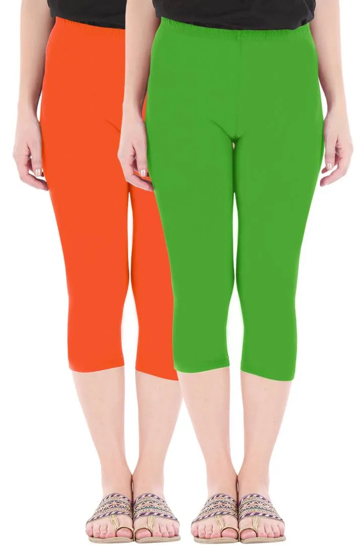 Combo Pack of 2 Skinny Fit 3/4 Capris Leggings for Women Flame Orange Parrot Green