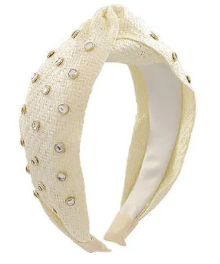 Crystal Studded Raffia Headband - Ivory