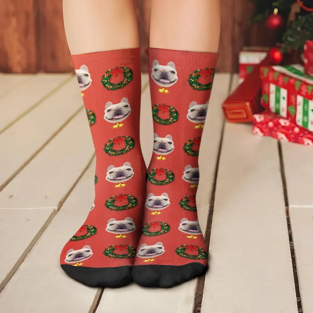 Custom Christmas Socks Personalised Face Funny Socks - Christmas Wreath