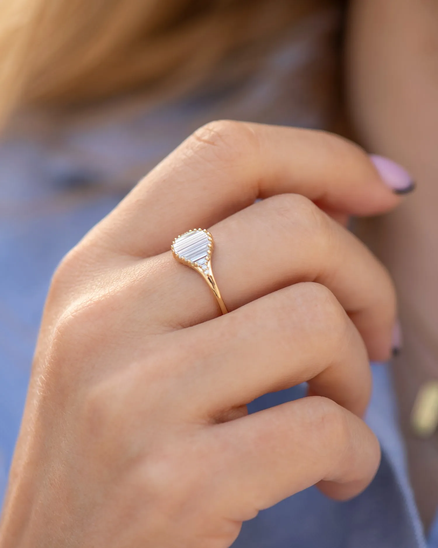 Deco Engagement Ring with Needle Baguette Diamonds - Pond of Light Ring