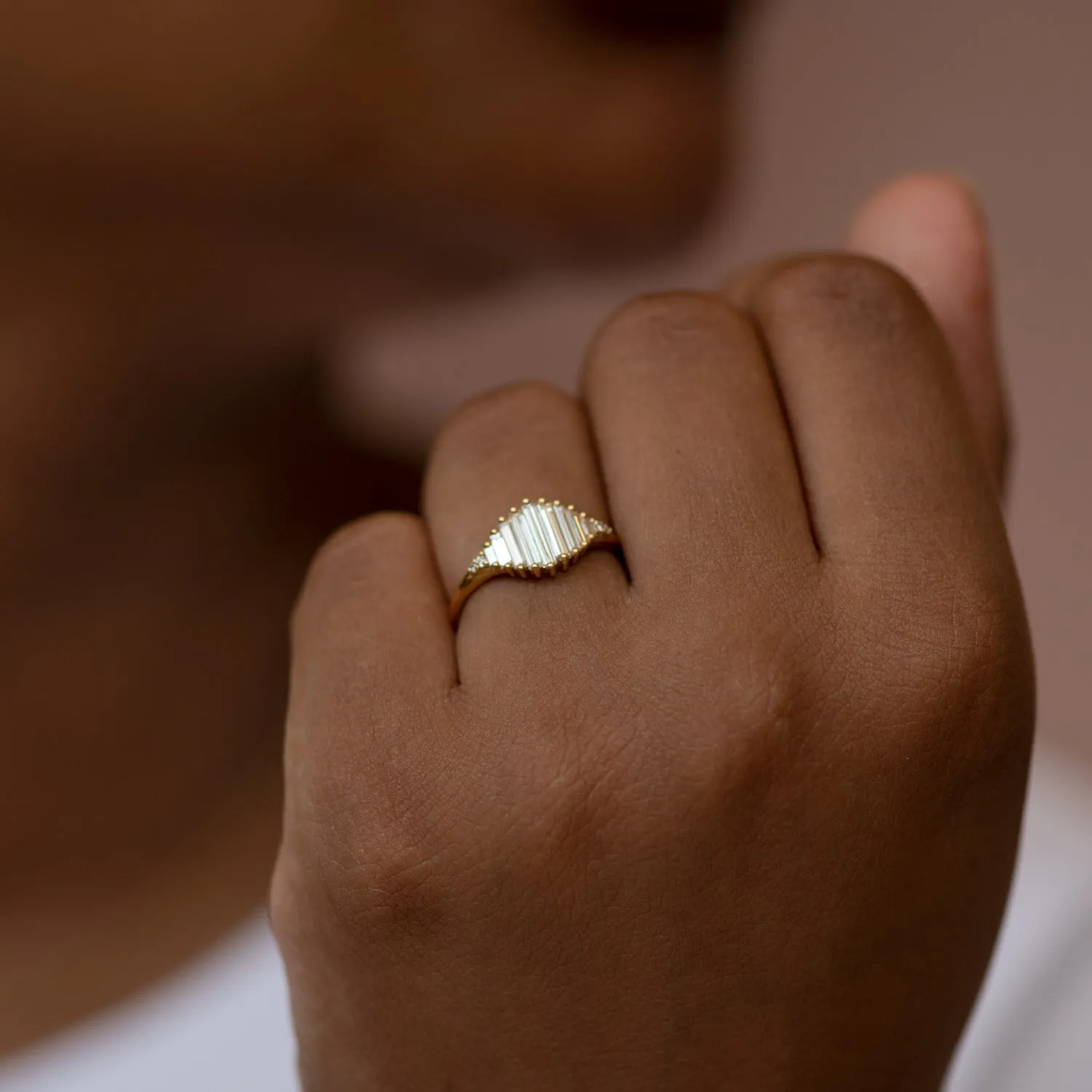 Deco Engagement Ring with Needle Baguette Diamonds - Pond of Light Ring