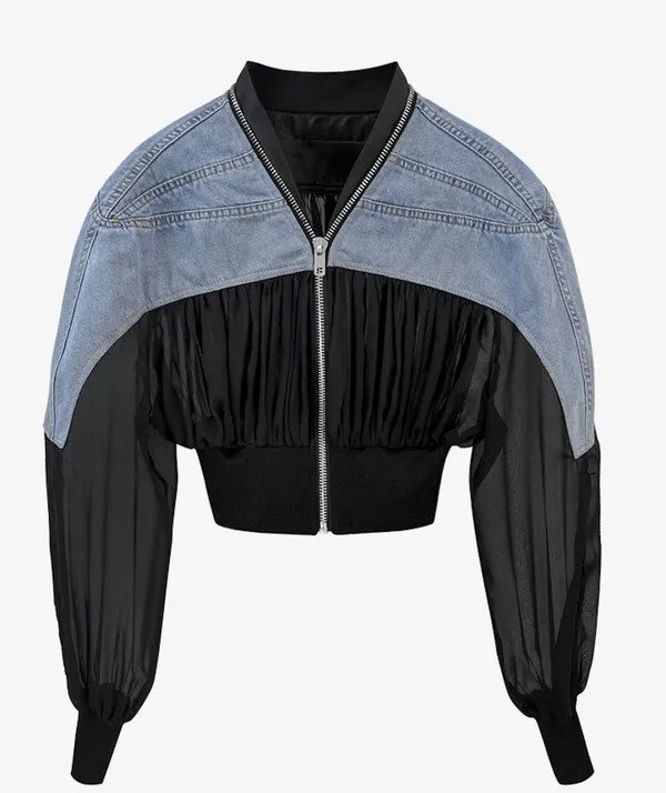 Denim Mixed Fabric Bomber with Zip