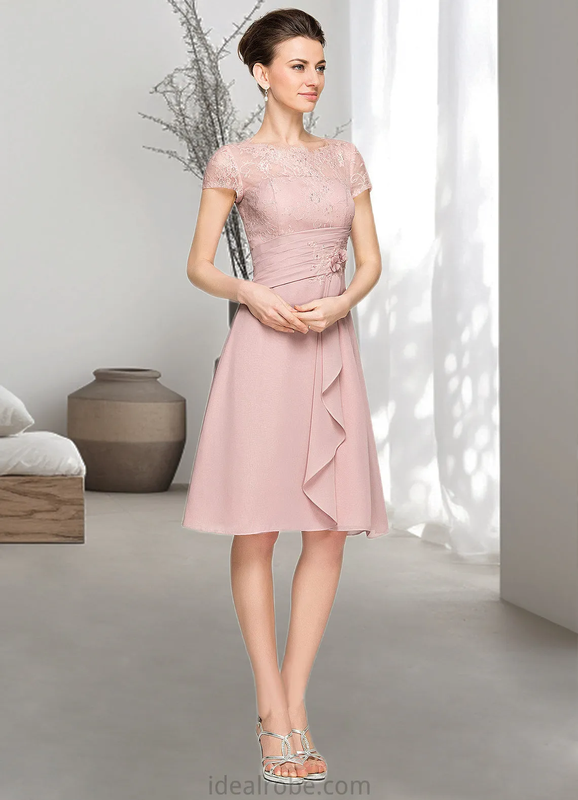 Ellie A-Line Scoop Neck Knee-Length Chiffon Lace Mother of the Bride Dress With Beading Flower(s) Sequins Cascading Ruffles STK126P0014704