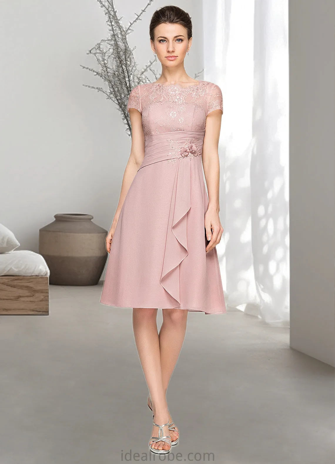 Ellie A-Line Scoop Neck Knee-Length Chiffon Lace Mother of the Bride Dress With Beading Flower(s) Sequins Cascading Ruffles STK126P0014704