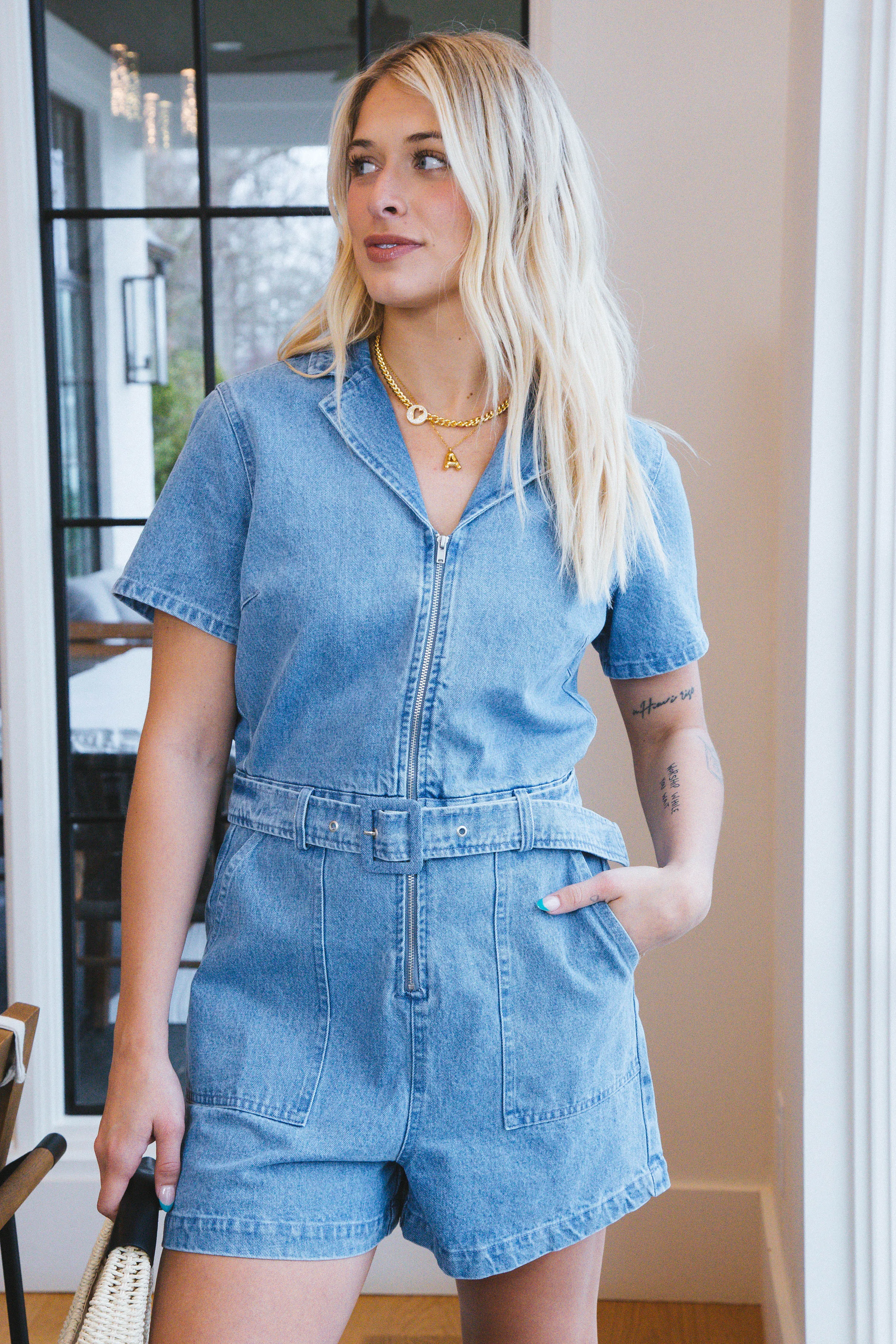 Emerson Zip Up Denim Romper, Denim