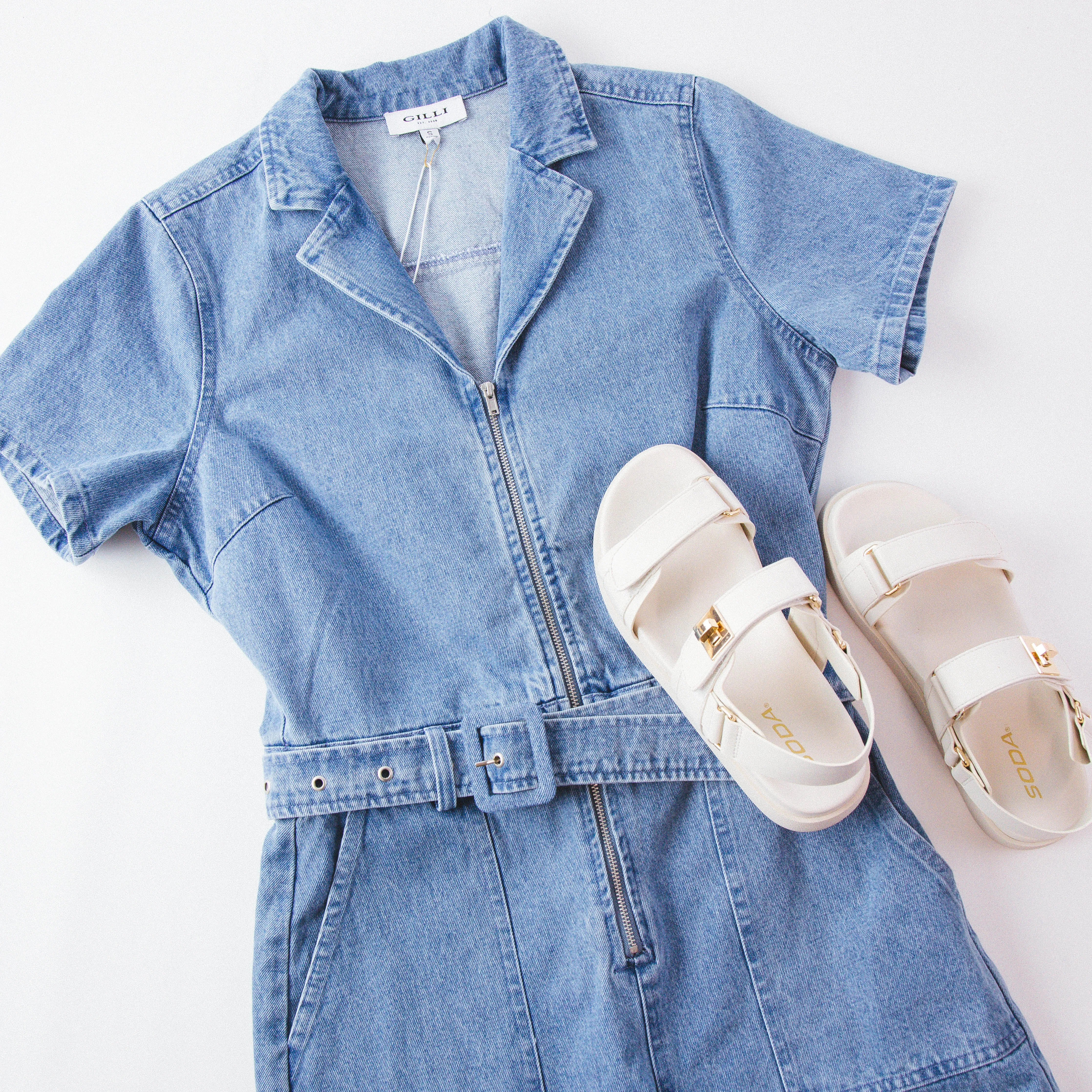 Emerson Zip Up Denim Romper, Denim