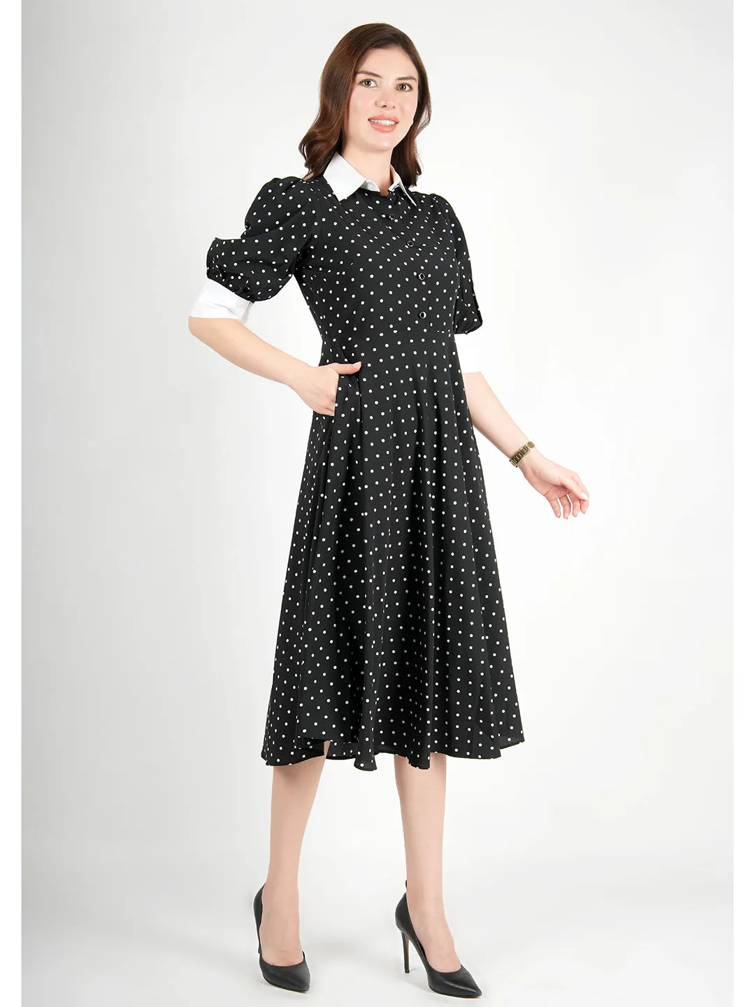 Exude Exploration Polka Dress With Pockets (Black)