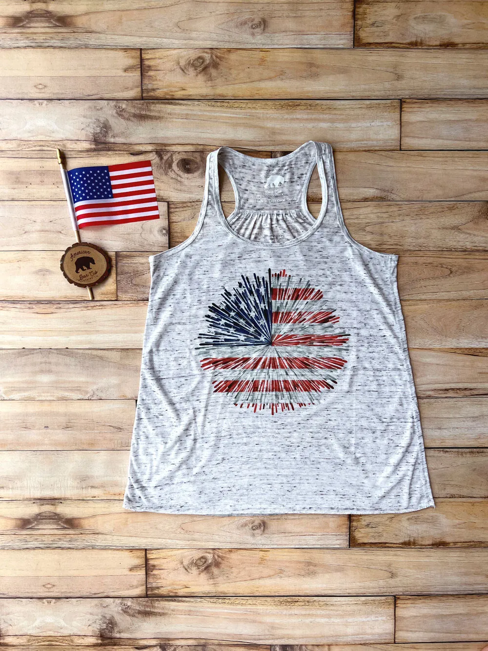 Fireworks American Flag flowy racerback tank tops