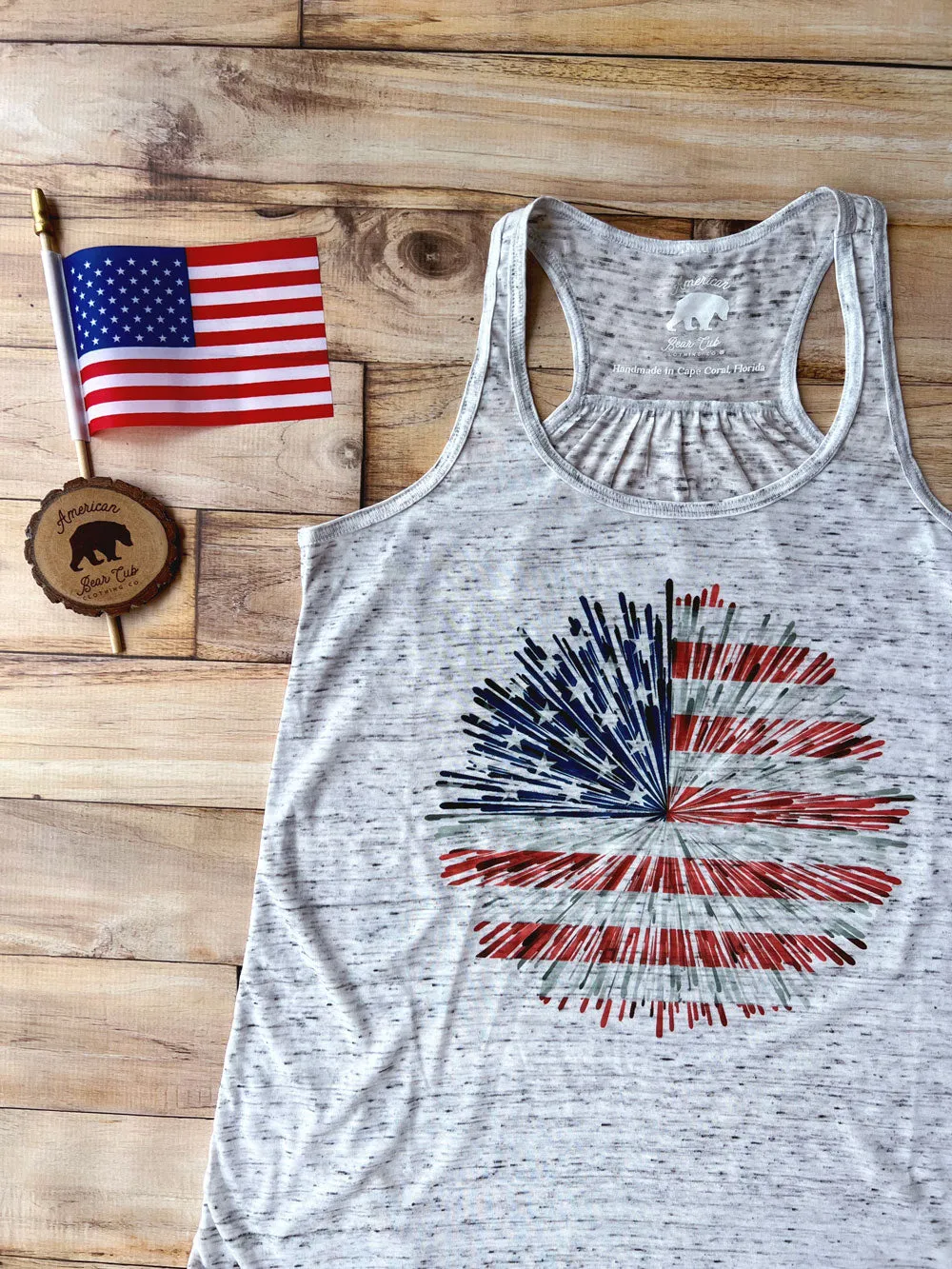 Fireworks American Flag flowy racerback tank tops