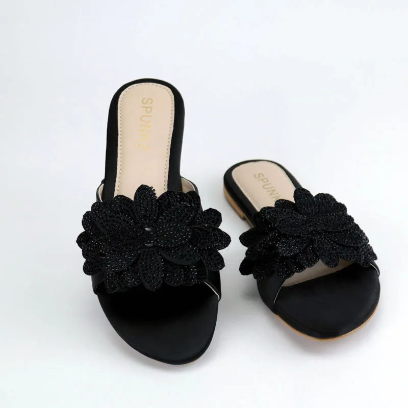 Flower Petal Rhinestone Decor Formal Flat Slippers