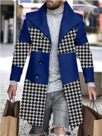 Foesce - Luxury Print Splicing Woolen Long Coat Men's Trench Trendy High Quality New Elegant Social Jacket Spring Windbreaker