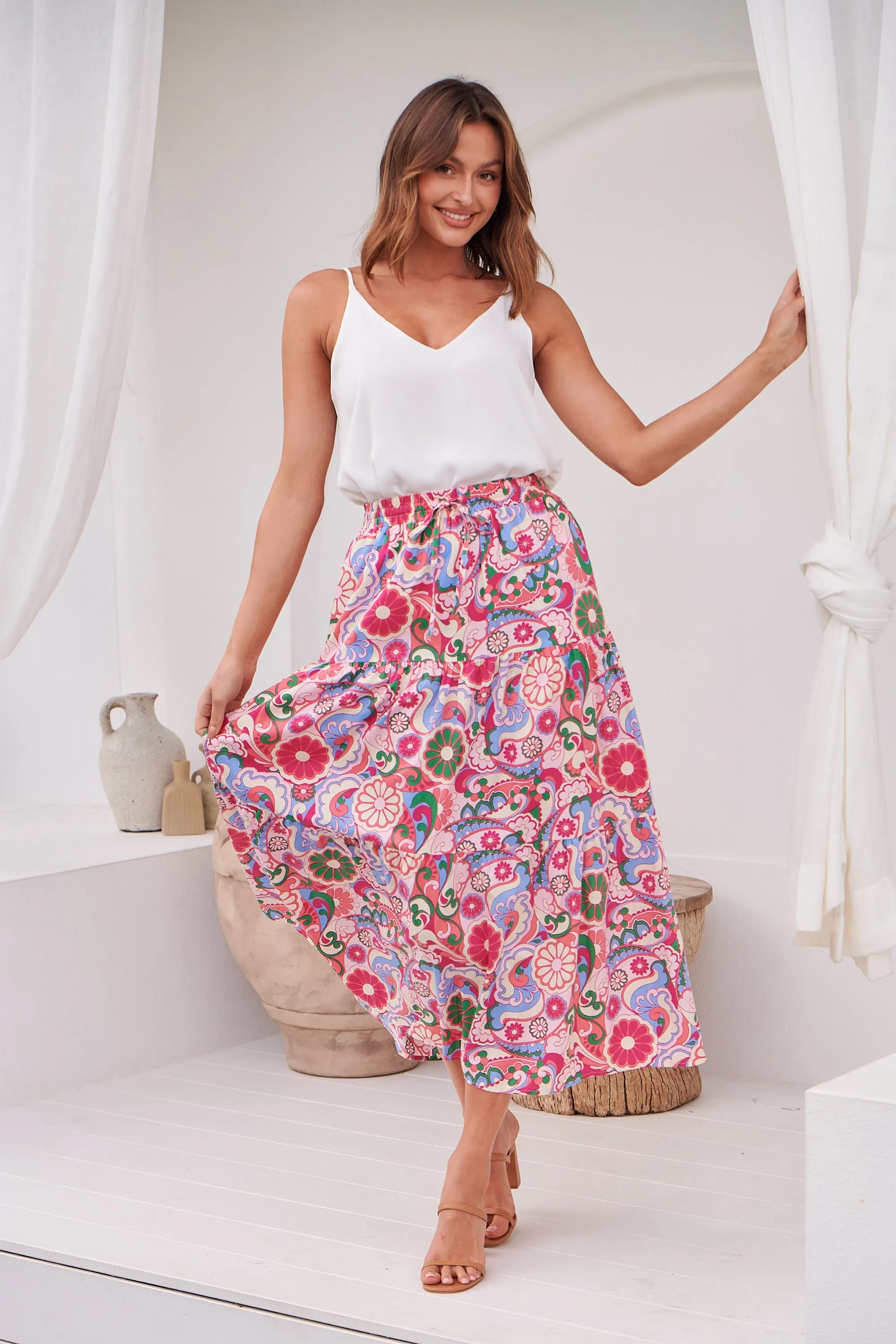 Gaia Pink Floral Boho Maxi Skirt