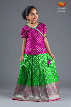 Girls Green Satin Silks Pattu Pavadai