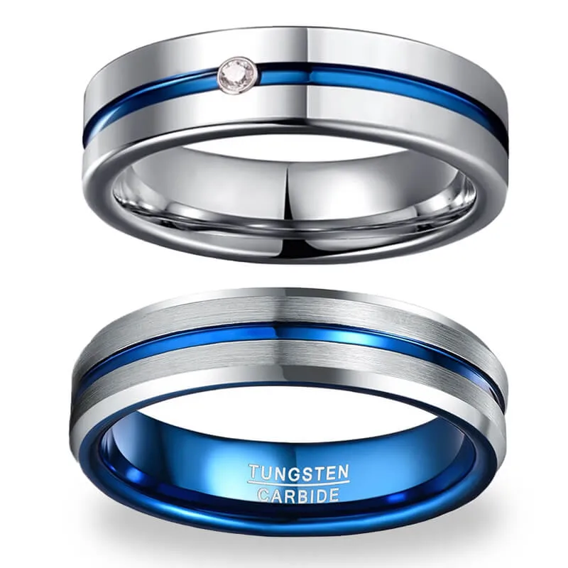 His & Her Cubic Zirconia Matte Blue Groove Tungsten Couple Rings Set