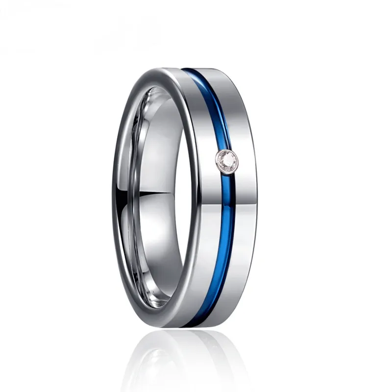 His & Her Cubic Zirconia Matte Blue Groove Tungsten Couple Rings Set