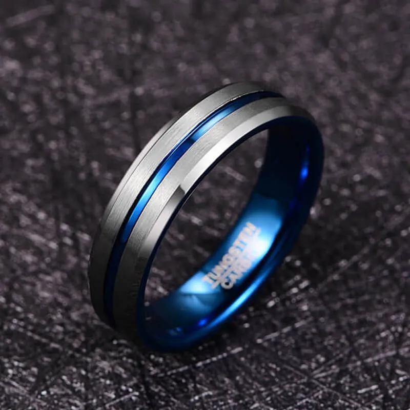 His & Her Cubic Zirconia Matte Blue Groove Tungsten Couple Rings Set