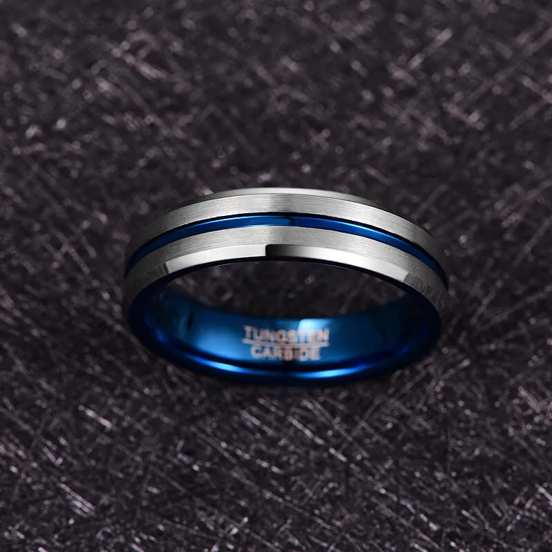 His & Her Cubic Zirconia Matte Blue Groove Tungsten Couple Rings Set