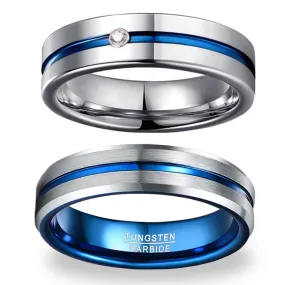 His & Her Cubic Zirconia Matte Blue Groove Tungsten Couple Rings Set