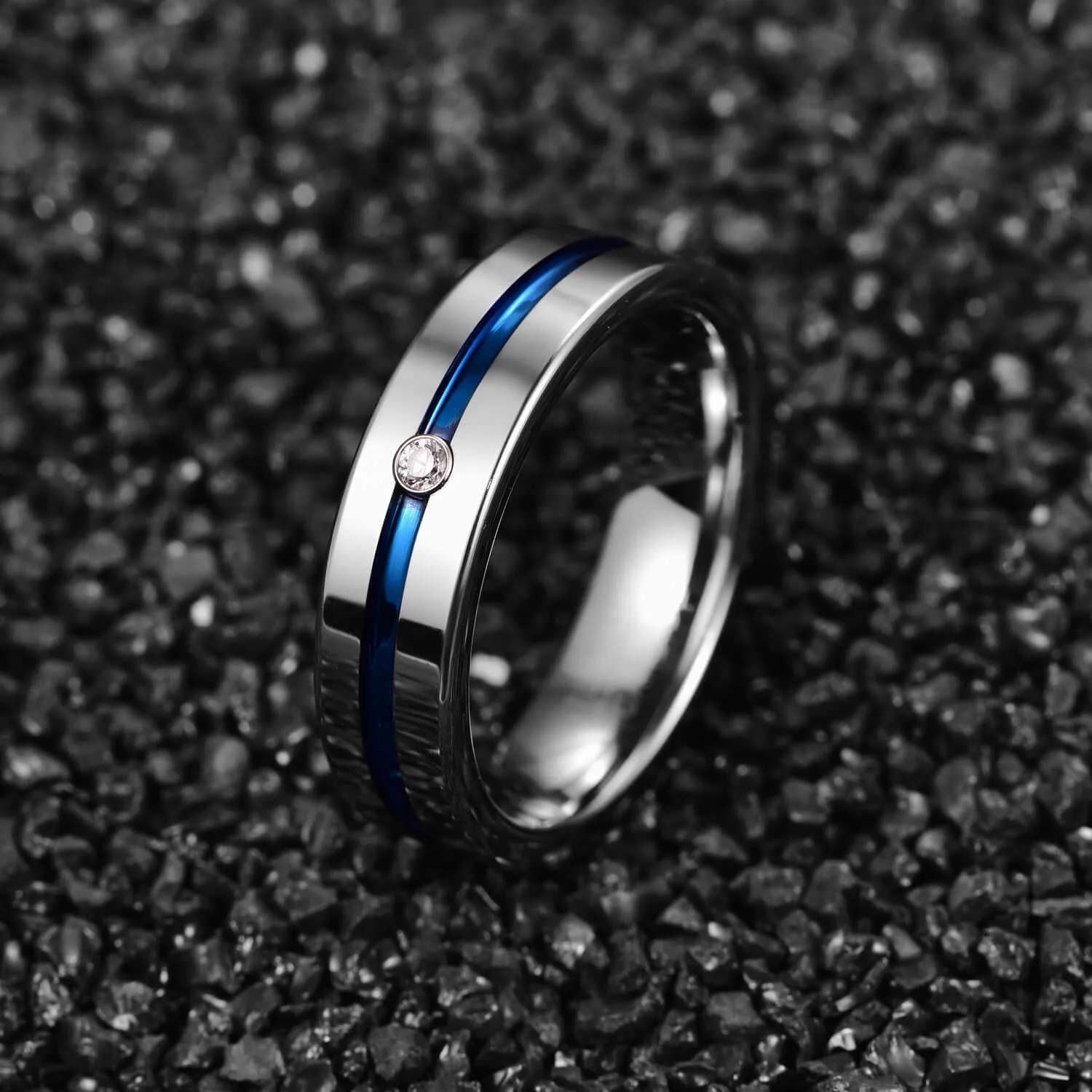 His & Her Cubic Zirconia Matte Blue Groove Tungsten Couple Rings Set