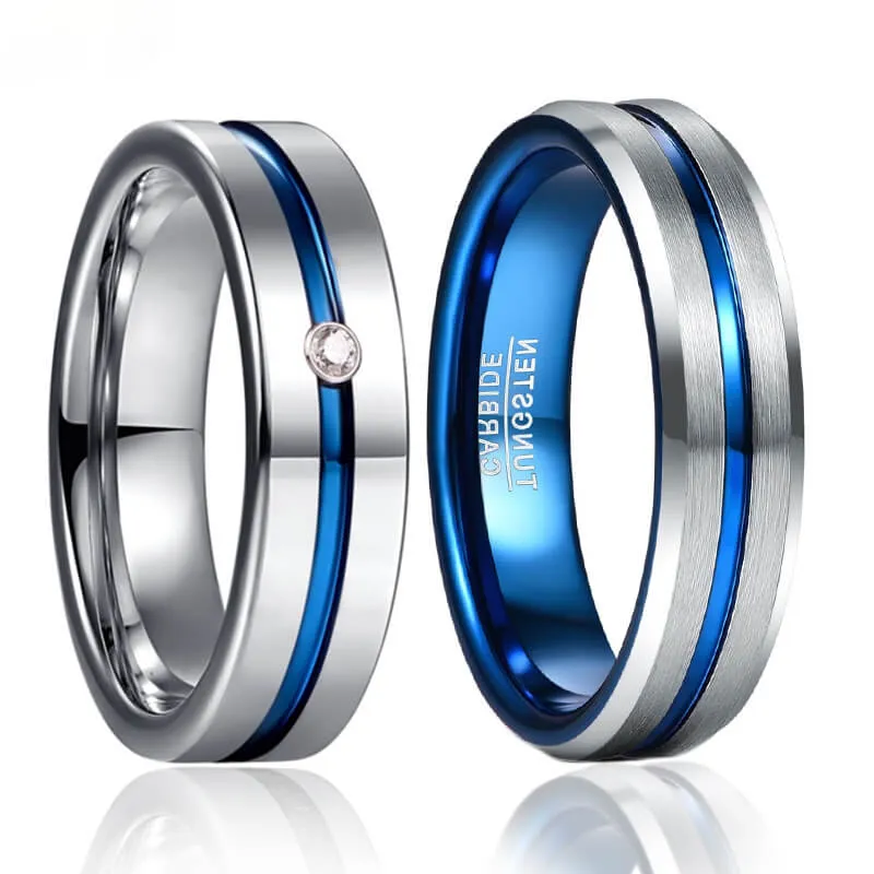 His & Her Cubic Zirconia Matte Blue Groove Tungsten Couple Rings Set