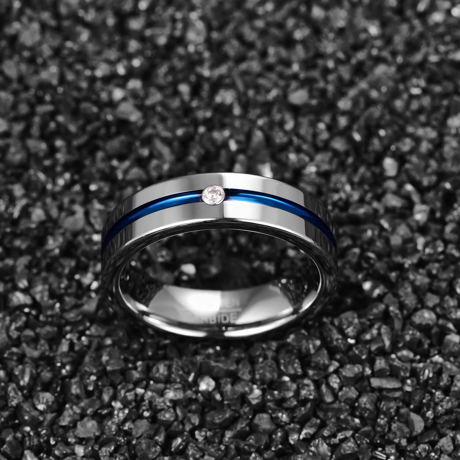 His & Her Cubic Zirconia Matte Blue Groove Tungsten Couple Rings Set