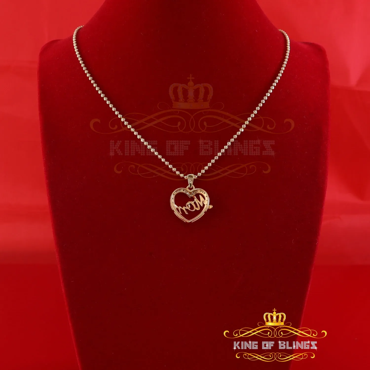 King Of Bling's Real 0.10ct Diamond Sterling Silver MOM'S HEART Charm Necklace Yellow Pendant