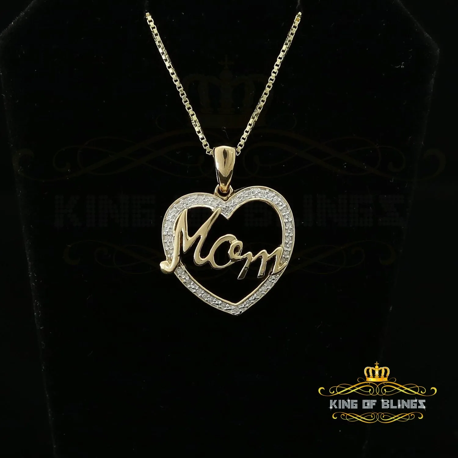 King Of Bling's Real 0.10ct Diamond Sterling Silver MOM'S HEART Charm Necklace Yellow Pendant