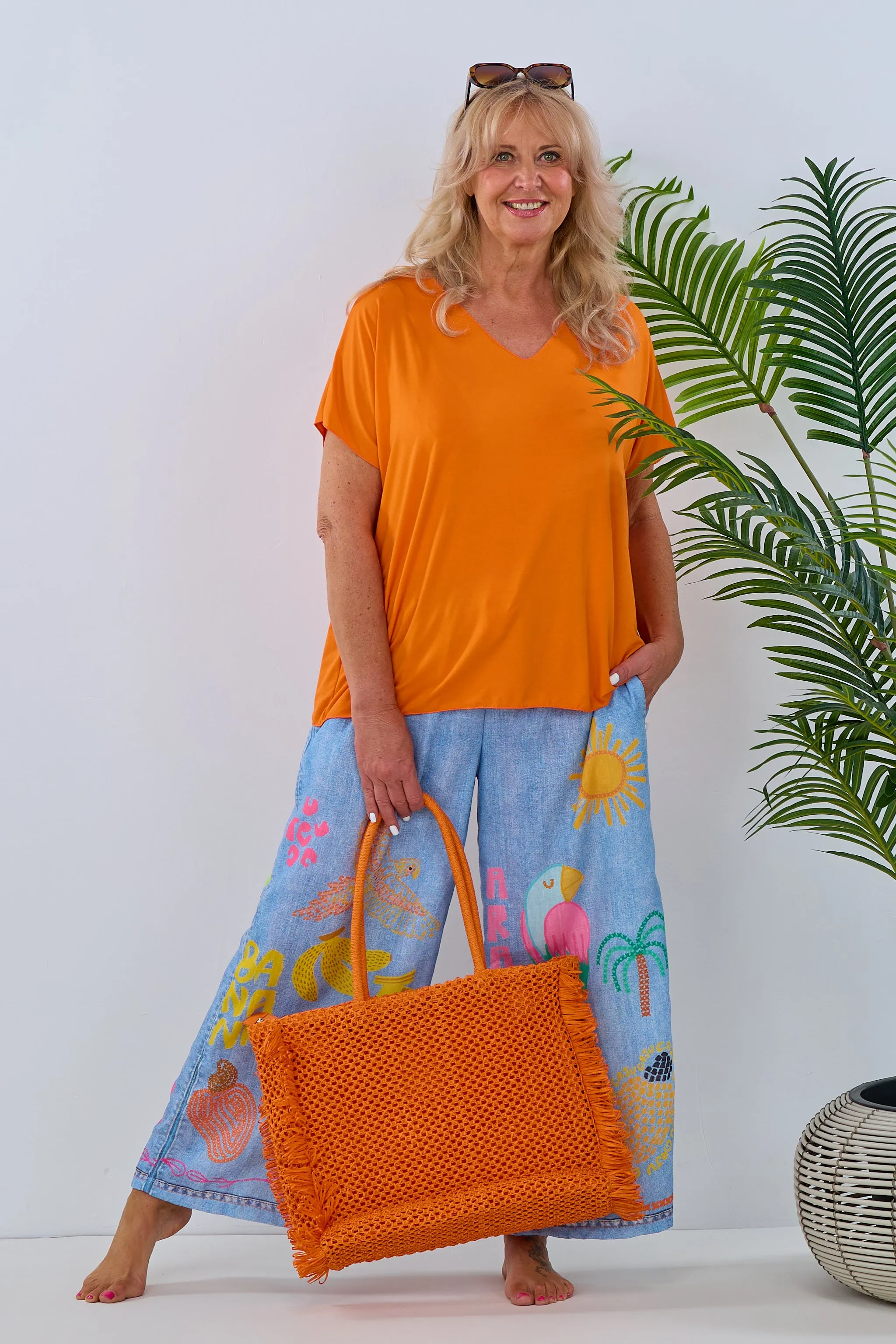 kurzarm Basic Shirt mit V-Ausschnitt, orange