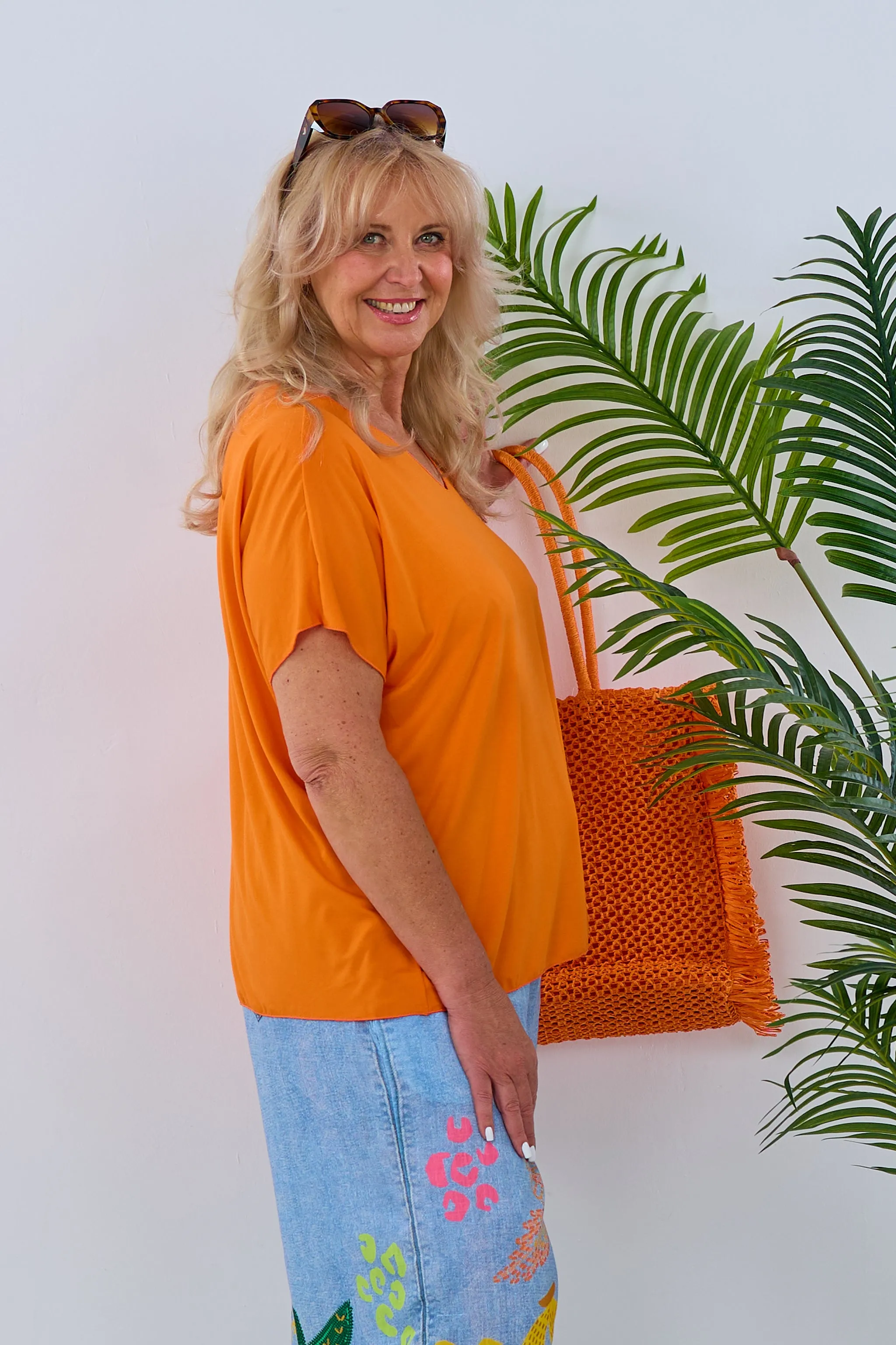 kurzarm Basic Shirt mit V-Ausschnitt, orange