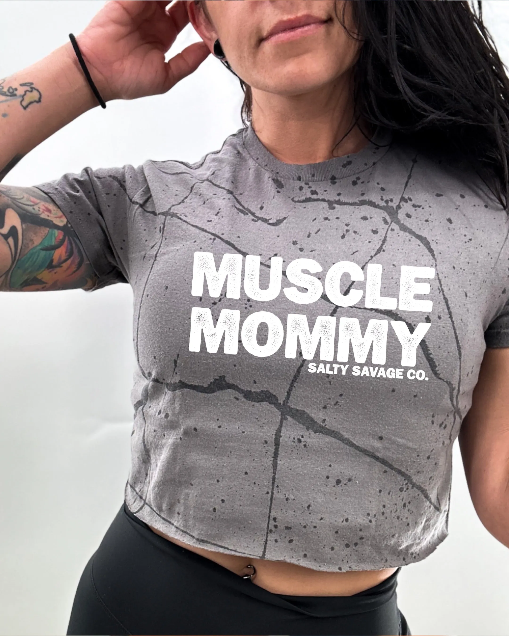 Ladies “MUSCLE MOMMY" Paint Splatter Crop Tee