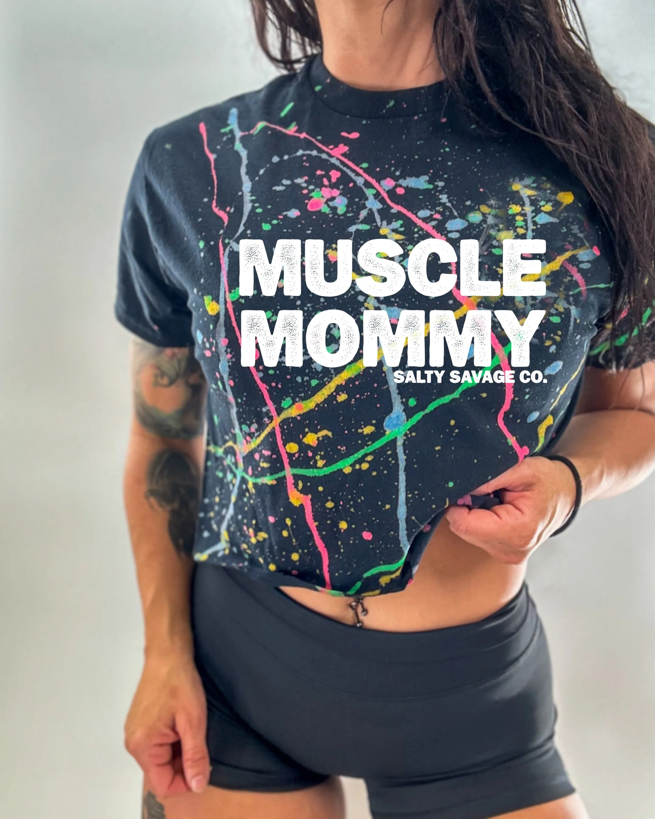 Ladies “MUSCLE MOMMY" Paint Splatter Crop Tee