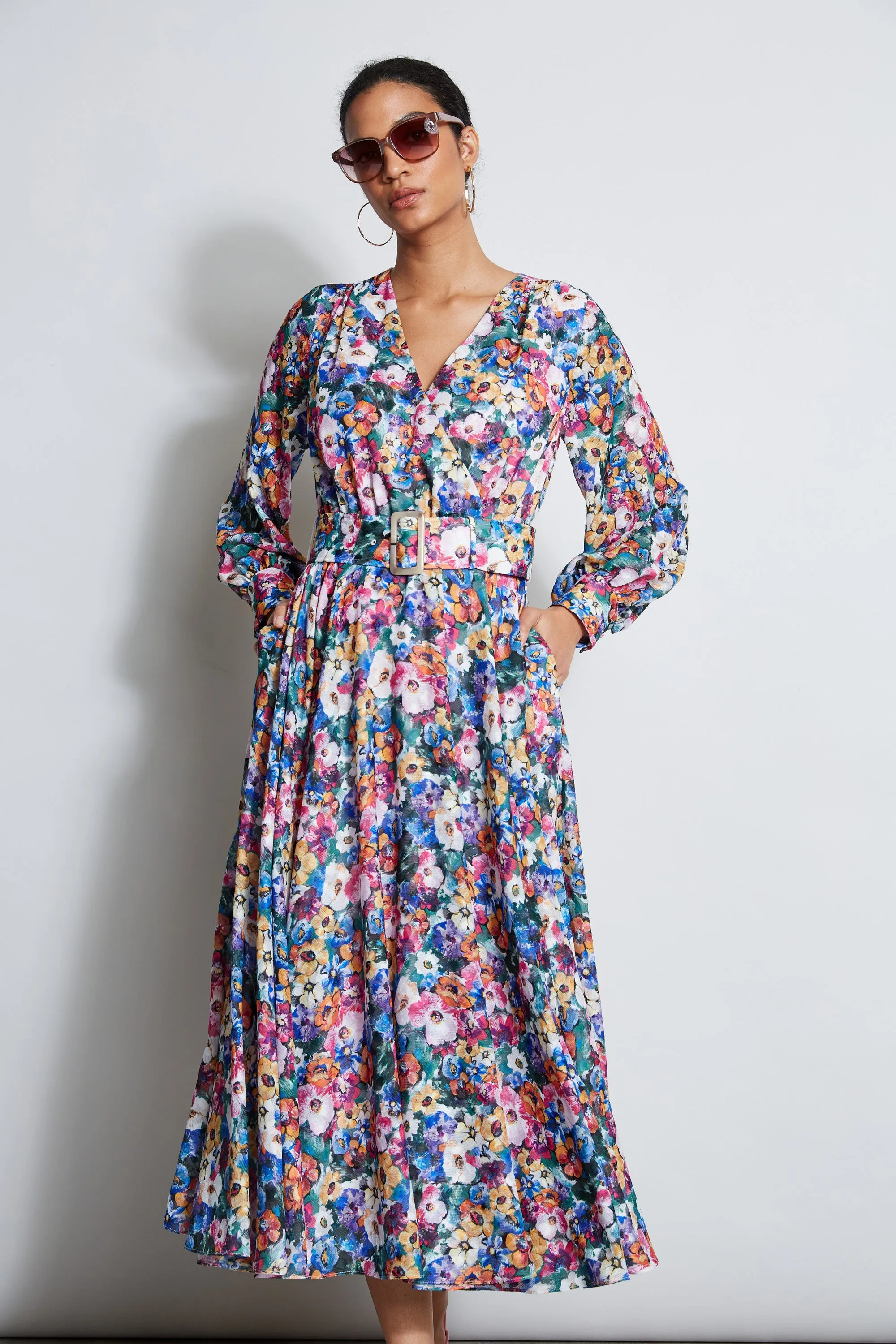 Long Sleeve Floral Belted Dress