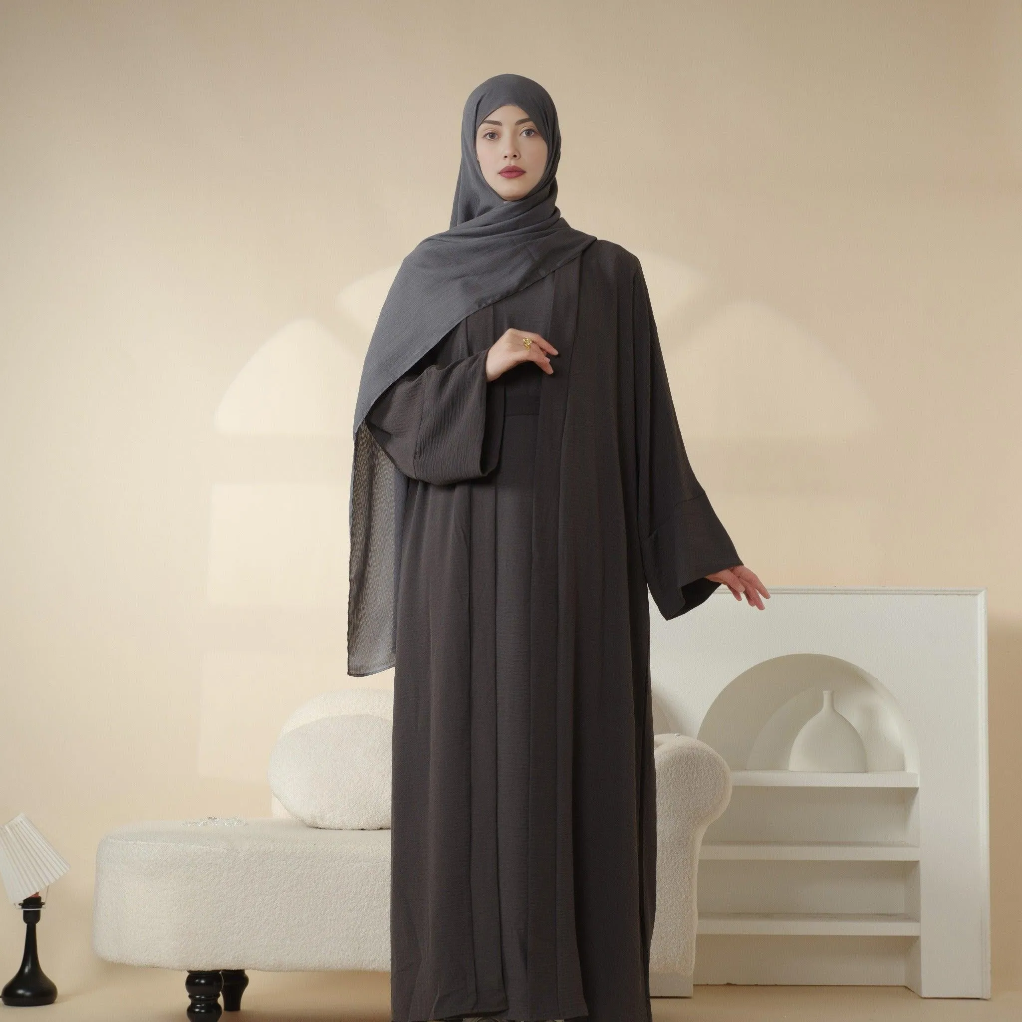 MA002 Crepe Pocket Open Abaya Set 2-Piece