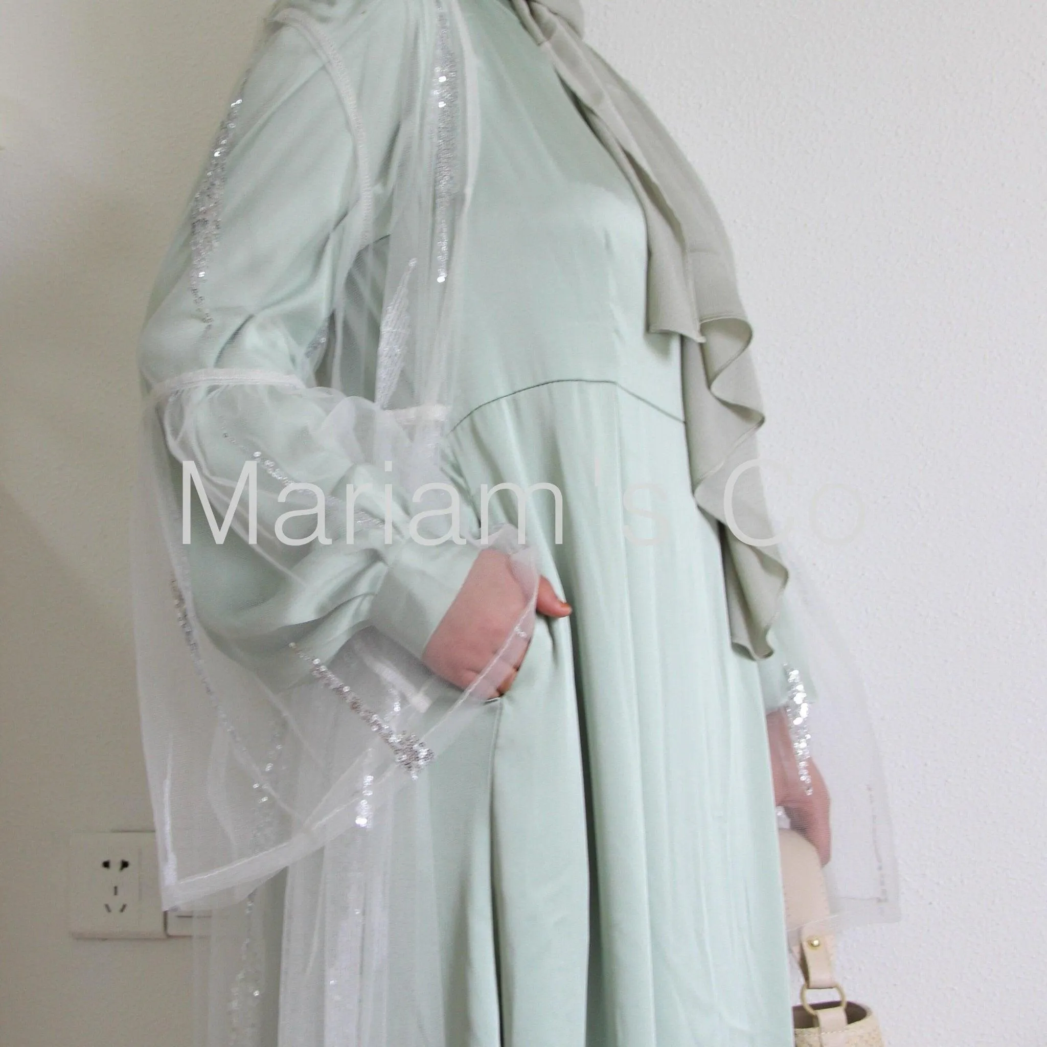 MA025 Sequins Satin 2 Pieces Pocket Abaya Set