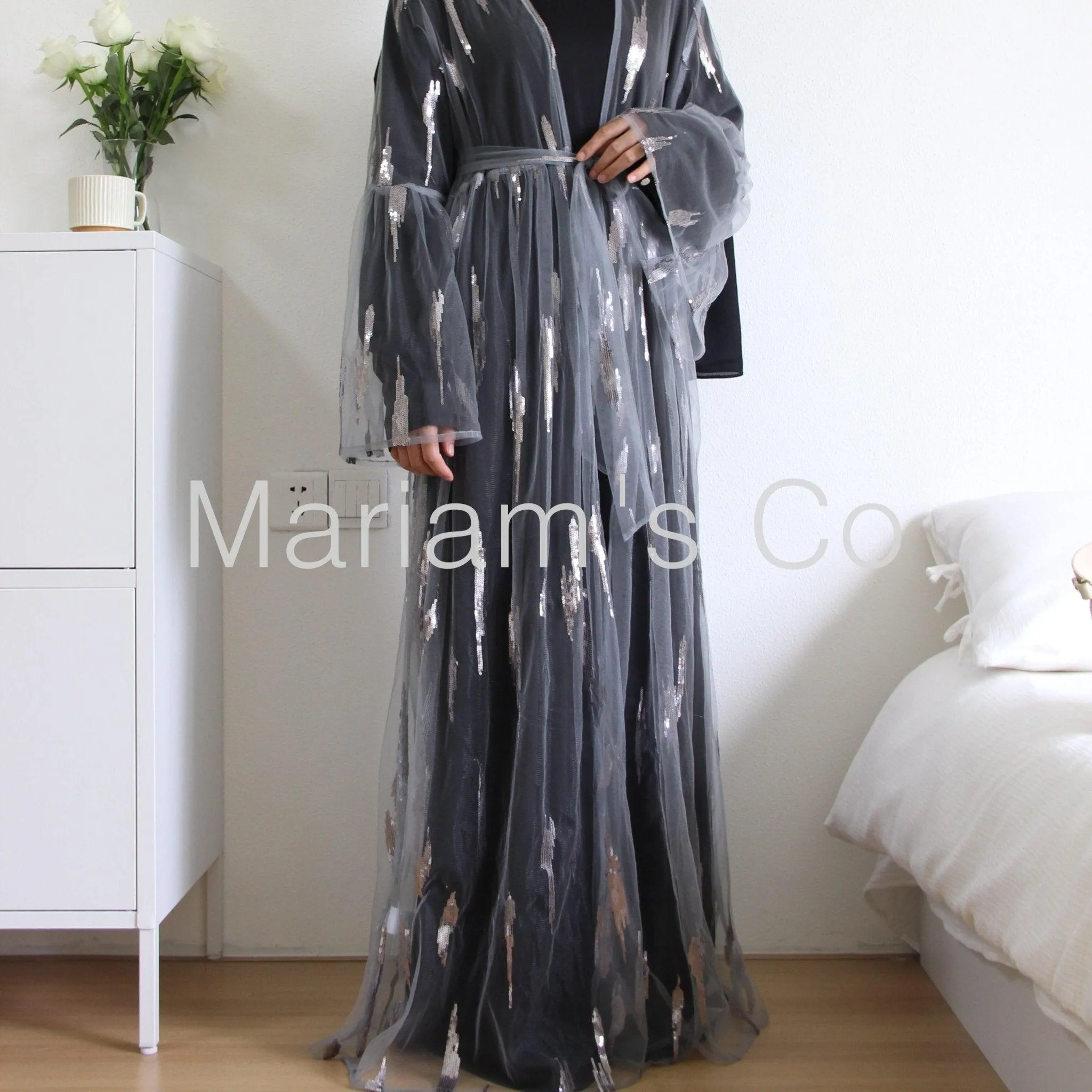 MA025 Sequins Satin 2 Pieces Pocket Abaya Set