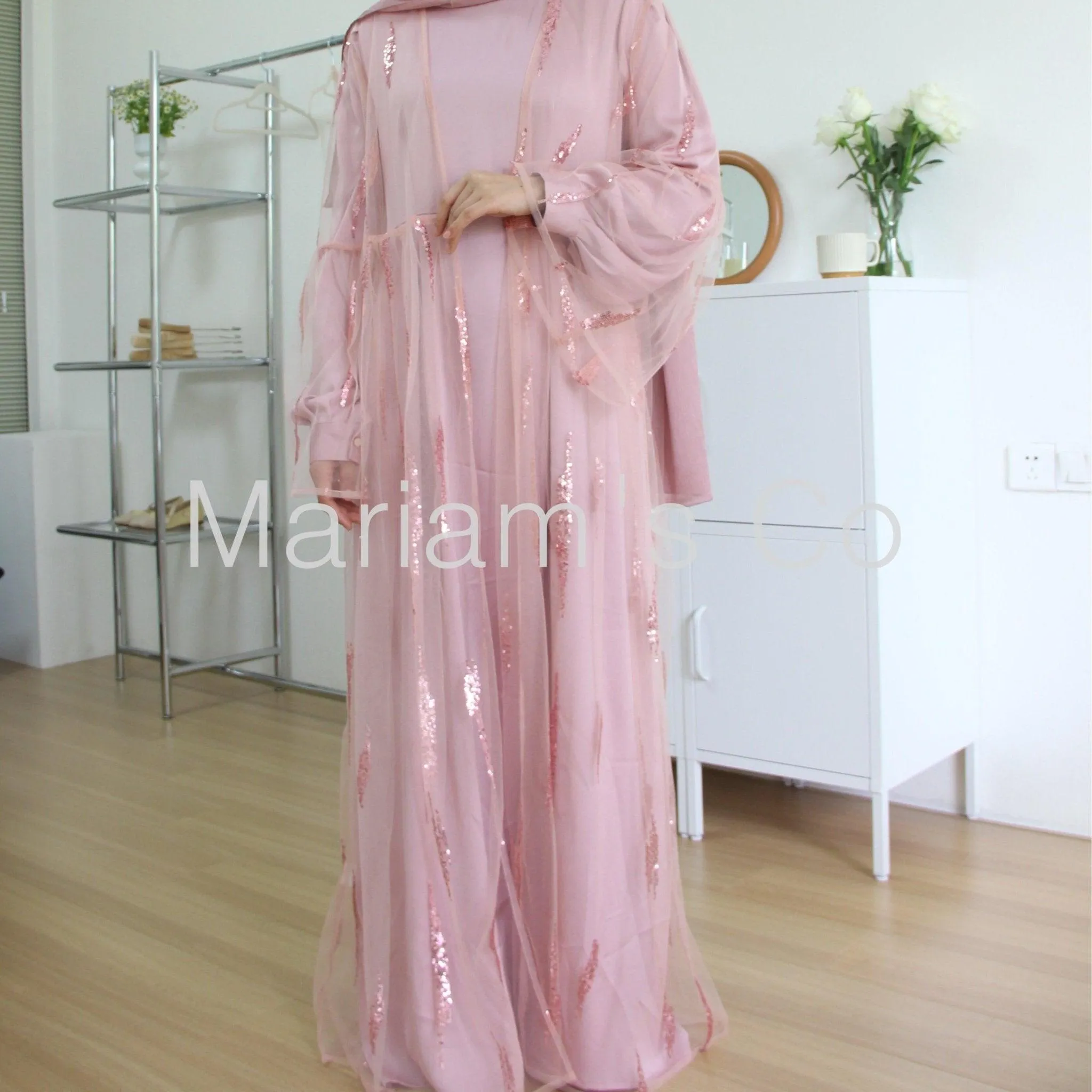 MA025 Sequins Satin 2 Pieces Pocket Abaya Set