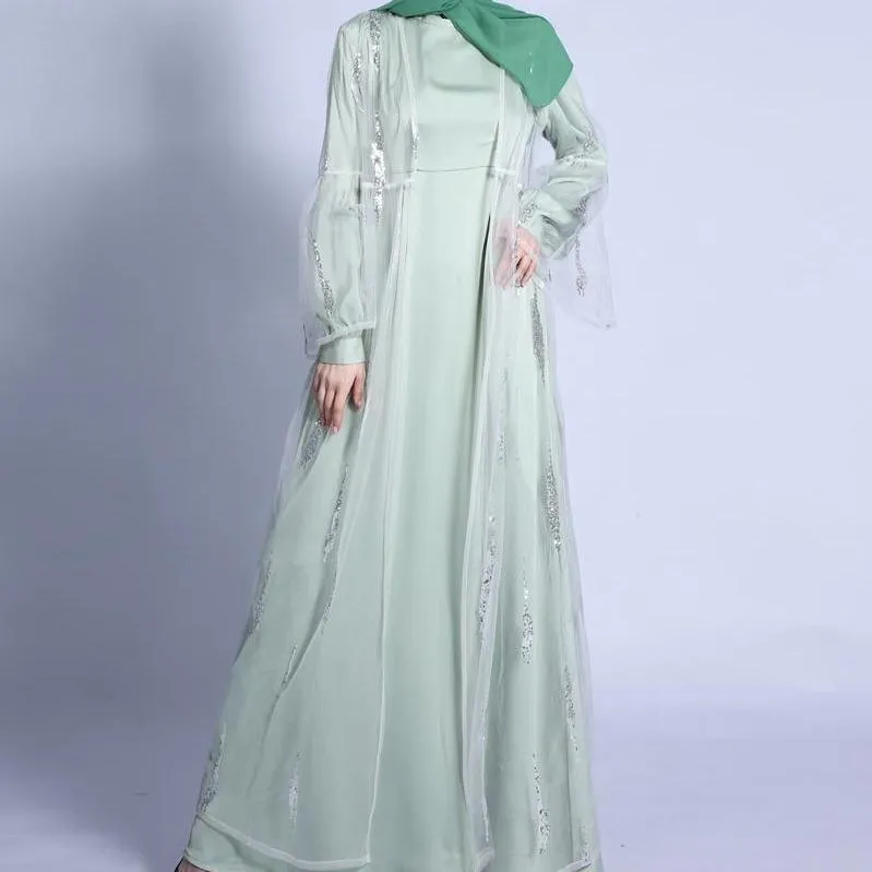 MA025 Sequins Satin 2 Pieces Pocket Abaya Set