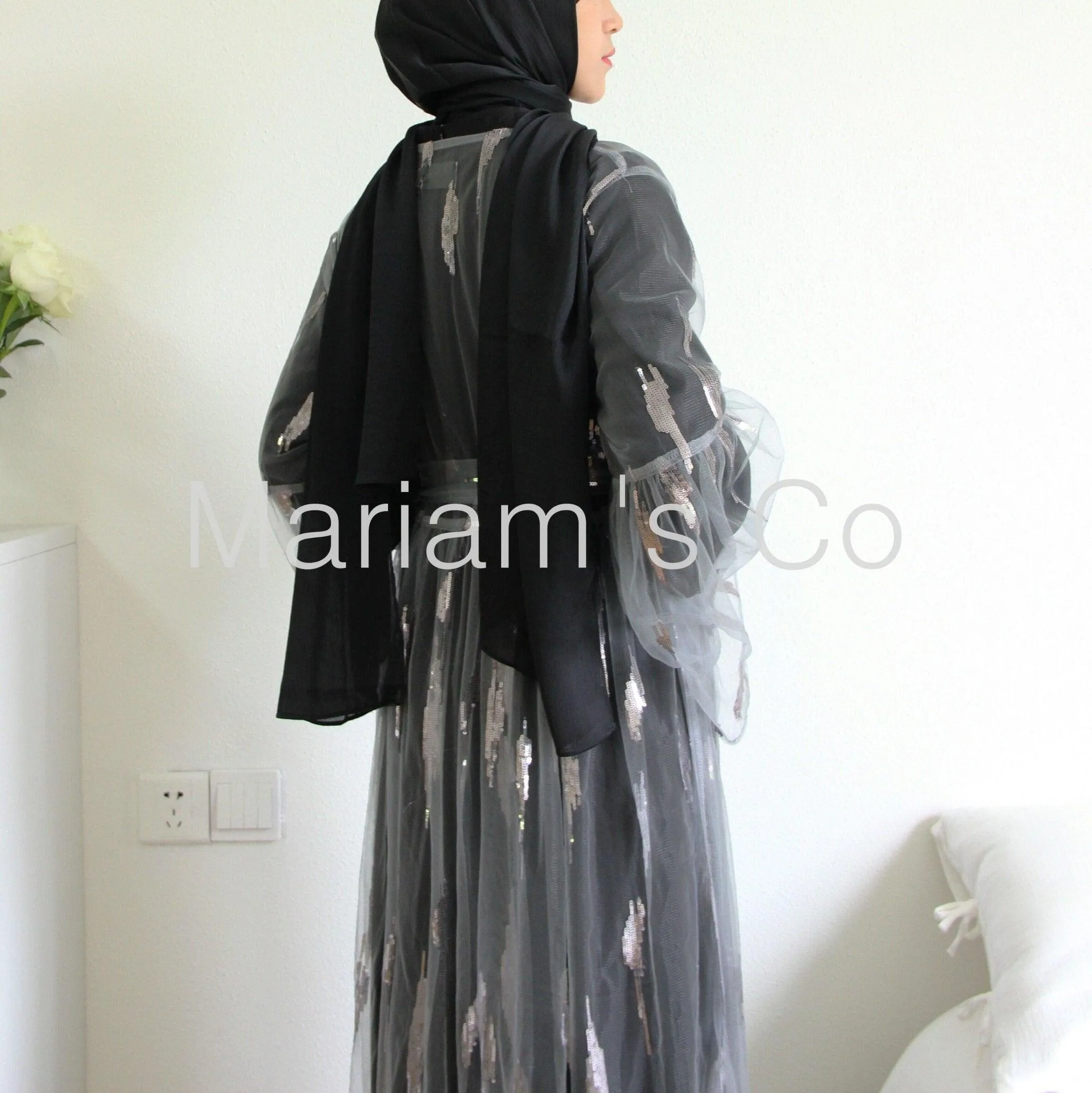 MA025 Sequins Satin 2 Pieces Pocket Abaya Set