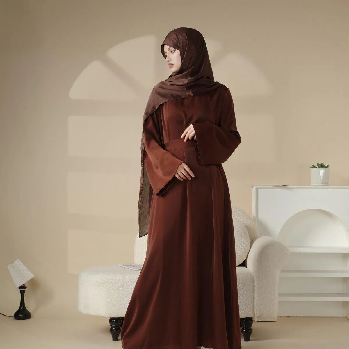 MA030 Satin Double Pocket Concealed Button Plain Abaya