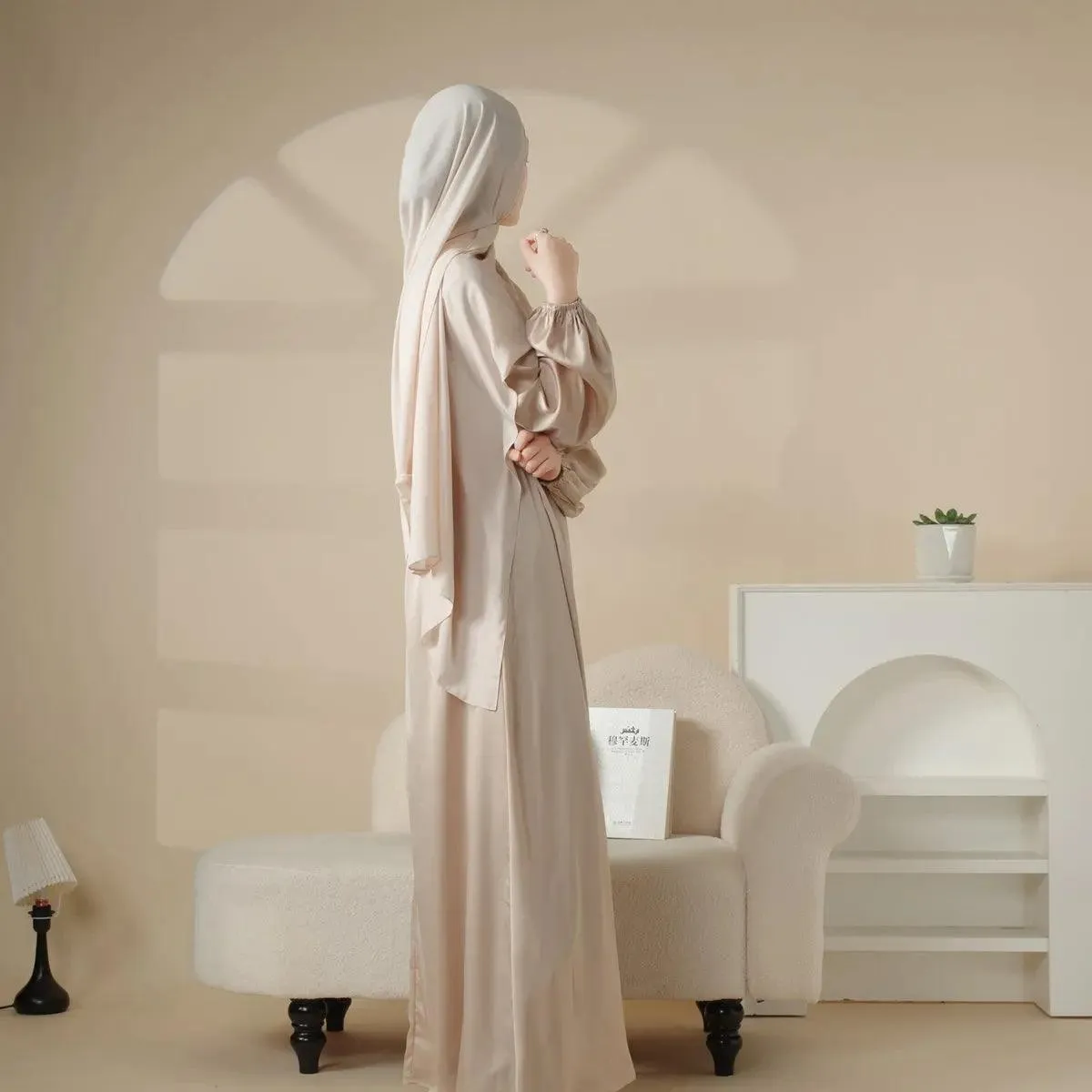 MA031 Puff Sleeve Satin Abaya with Pockets 2-Piece Set