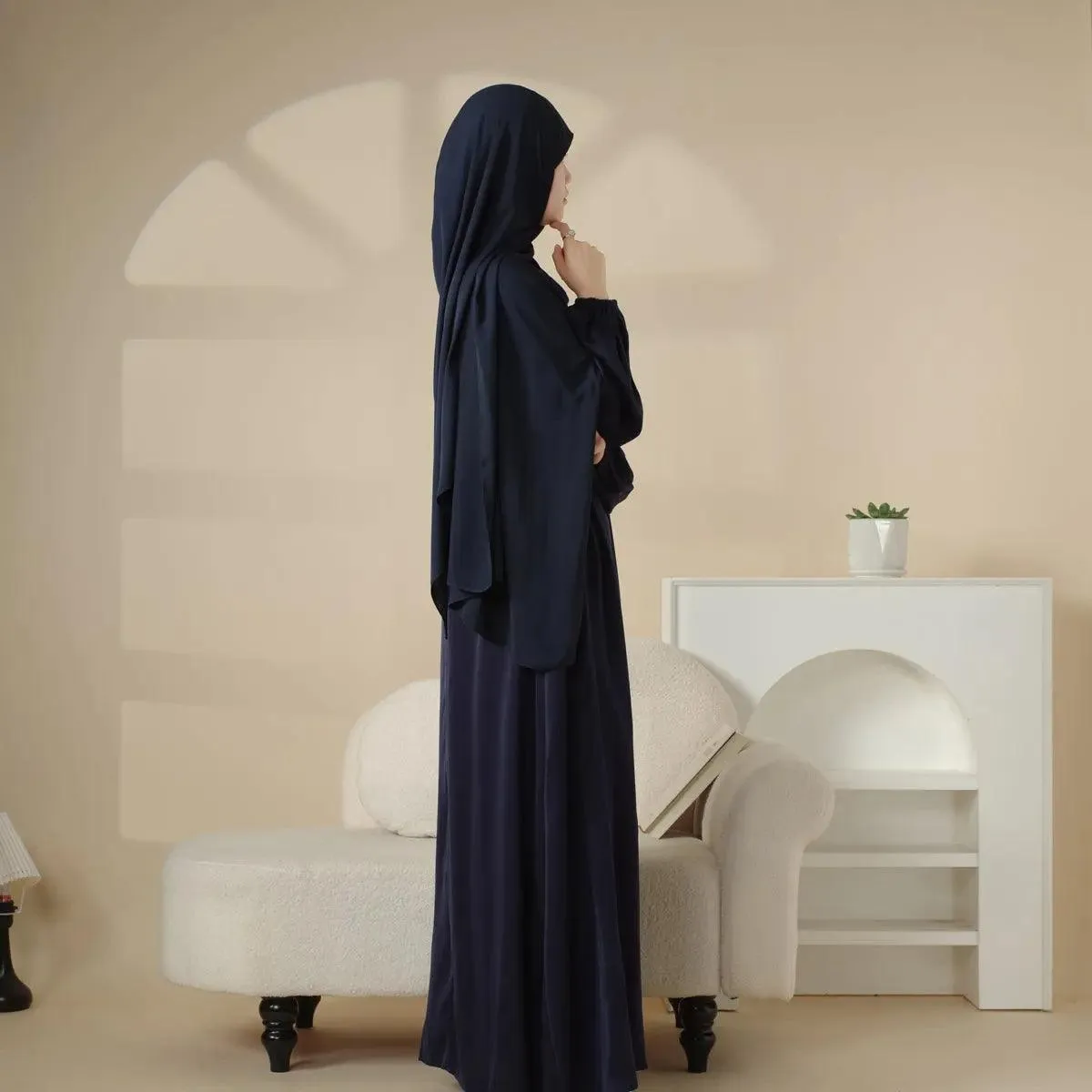 MA031 Puff Sleeve Satin Abaya with Pockets 2-Piece Set